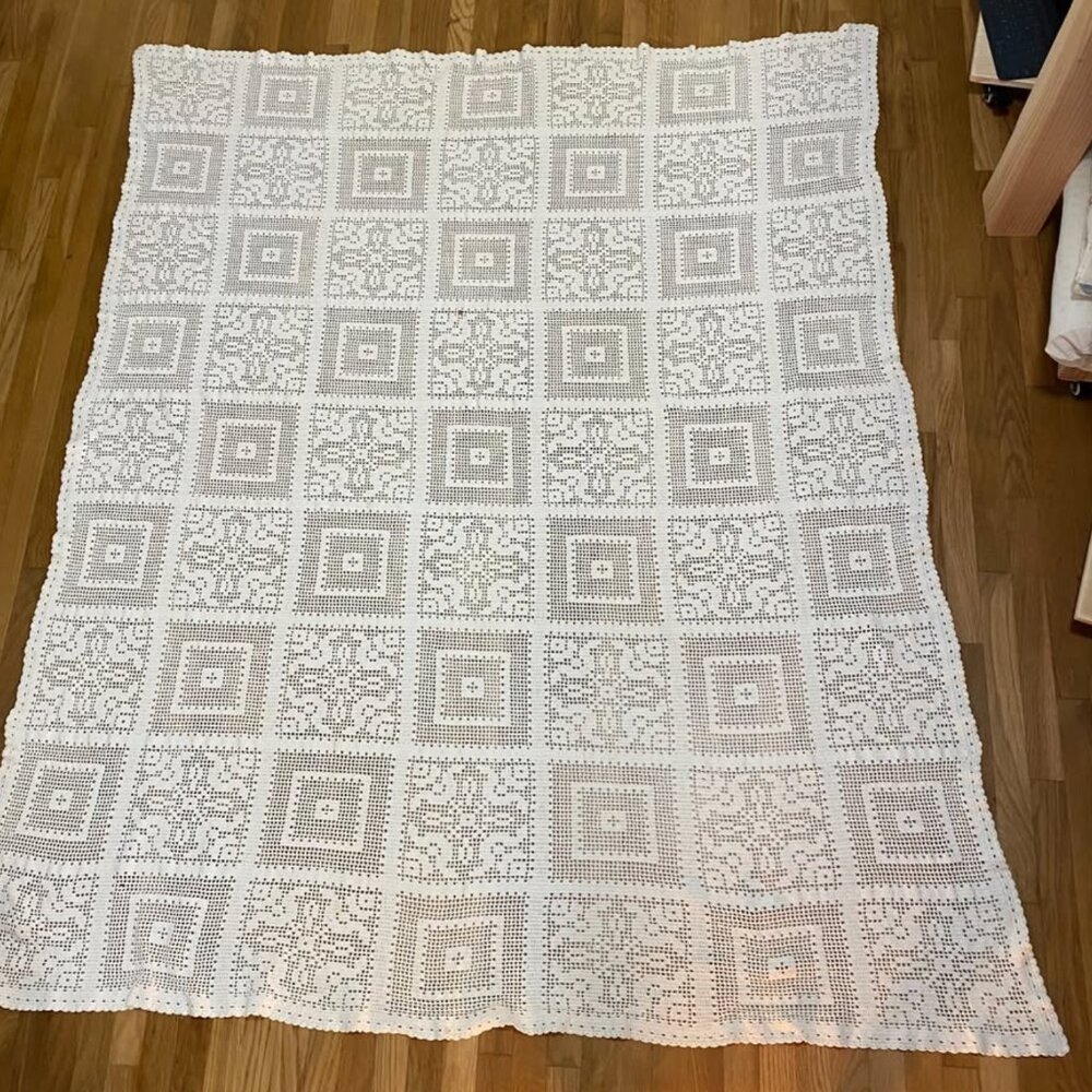 Vintage, heirloom, Filet crochet hand-crocheted bedspread or table cover. 59x73